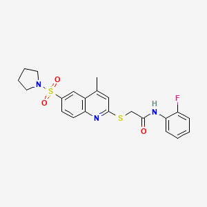 molecular formula C22H22FN3O3S2 B11230925 N-(2-Fluorophenyl)-2-{[4-methyl-6-(pyrrolidine-1-sulfonyl)quinolin-2-YL]sulfanyl}acetamide 