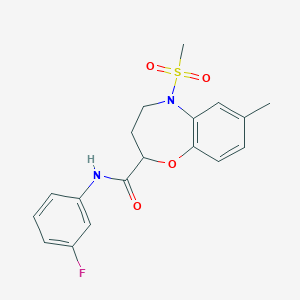 molecular formula C18H19FN2O4S B11231098 N-(3-fluorophenyl)-7-methyl-5-(methylsulfonyl)-2,3,4,5-tetrahydro-1,5-benzoxazepine-2-carboxamide 