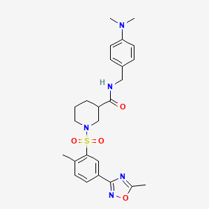 molecular formula C25H31N5O4S B11231867 N-(4-(Dimethylamino)benzyl)-1-((2-methyl-5-(5-methyl-1,2,4-oxadiazol-3-yl)phenyl)sulfonyl)piperidine-3-carboxamide 