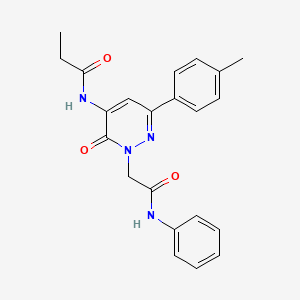 molecular formula C22H22N4O3 B11233180 N-[6-(4-Methylphenyl)-3-oxo-2-[(phenylcarbamoyl)methyl]-2,3-dihydropyridazin-4-YL]propanamide 