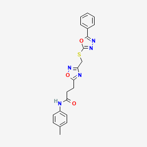 molecular formula C21H19N5O3S B11233222 N-(4-methylphenyl)-3-(3-{[(5-phenyl-1,3,4-oxadiazol-2-yl)sulfanyl]methyl}-1,2,4-oxadiazol-5-yl)propanamide 