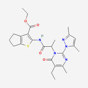 Ethyl 2-{2-[2-(3,5-dimethyl-1H-pyrazol-1-YL)-5-ethyl-4-methyl-6-oxo-1,6-dihydropyrimidin-1-YL]propanamido}-4H,5H,6H-cyclopenta[B]thiophene-3-carboxylate