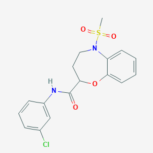 molecular formula C17H17ClN2O4S B11234637 N-(3-chlorophenyl)-5-(methylsulfonyl)-2,3,4,5-tetrahydro-1,5-benzoxazepine-2-carboxamide 