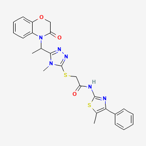 molecular formula C25H24N6O3S2 B11234655 2-({4-methyl-5-[1-(3-oxo-2,3-dihydro-4H-1,4-benzoxazin-4-yl)ethyl]-4H-1,2,4-triazol-3-yl}sulfanyl)-N-(5-methyl-4-phenyl-1,3-thiazol-2-yl)acetamide 