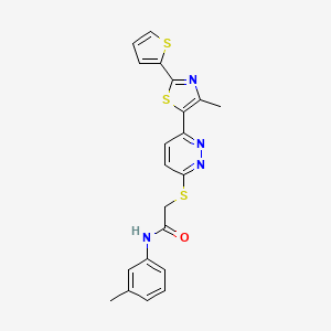 molecular formula C21H18N4OS3 B11235069 2-((6-(4-methyl-2-(thiophen-2-yl)thiazol-5-yl)pyridazin-3-yl)thio)-N-(m-tolyl)acetamide 