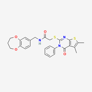 molecular formula C26H25N3O4S2 B11235126 N-(3,4-dihydro-2H-1,5-benzodioxepin-7-ylmethyl)-2-[(5,6-dimethyl-4-oxo-3-phenyl-3,4-dihydrothieno[2,3-d]pyrimidin-2-yl)sulfanyl]acetamide 