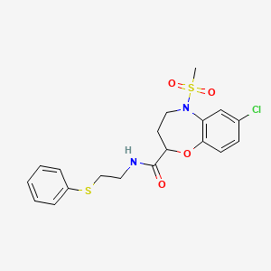 molecular formula C19H21ClN2O4S2 B11235239 7-chloro-5-(methylsulfonyl)-N-[2-(phenylsulfanyl)ethyl]-2,3,4,5-tetrahydro-1,5-benzoxazepine-2-carboxamide 