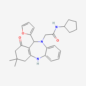 molecular formula C26H31N3O3 B11235268 N-cyclopentyl-2-[11-(furan-2-yl)-3,3-dimethyl-1-oxo-1,2,3,4,5,11-hexahydro-10H-dibenzo[b,e][1,4]diazepin-10-yl]acetamide 