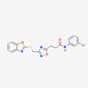 molecular formula C19H15BrN4O3S B11235376 3-{3-[(1,3-benzoxazol-2-ylsulfanyl)methyl]-1,2,4-oxadiazol-5-yl}-N-(3-bromophenyl)propanamide 