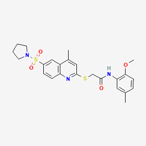 molecular formula C24H27N3O4S2 B11236180 N-(2-Methoxy-5-methylphenyl)-2-{[4-methyl-6-(pyrrolidine-1-sulfonyl)quinolin-2-YL]sulfanyl}acetamide 