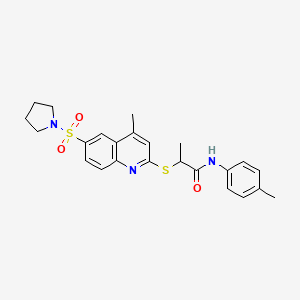 molecular formula C24H27N3O3S2 B11236198 2-{[4-Methyl-6-(pyrrolidine-1-sulfonyl)quinolin-2-YL]sulfanyl}-N-(4-methylphenyl)propanamide 