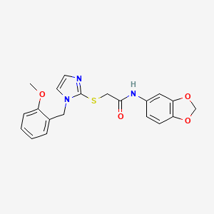 molecular formula C20H19N3O4S B11236537 N-(benzo[d][1,3]dioxol-5-yl)-2-((1-(2-methoxybenzyl)-1H-imidazol-2-yl)thio)acetamide 