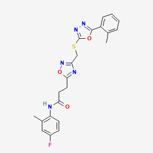 molecular formula C22H20FN5O3S B11236673 N-(4-fluoro-2-methylphenyl)-3-[3-({[5-(2-methylphenyl)-1,3,4-oxadiazol-2-yl]sulfanyl}methyl)-1,2,4-oxadiazol-5-yl]propanamide 