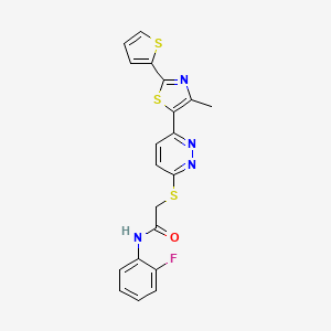 molecular formula C20H15FN4OS3 B11237582 N-(2-fluorophenyl)-2-((6-(4-methyl-2-(thiophen-2-yl)thiazol-5-yl)pyridazin-3-yl)thio)acetamide 