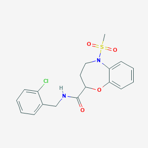 molecular formula C18H19ClN2O4S B11237589 N-(2-chlorobenzyl)-5-(methylsulfonyl)-2,3,4,5-tetrahydro-1,5-benzoxazepine-2-carboxamide 