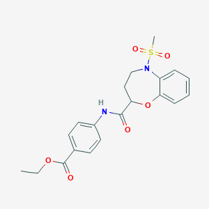 molecular formula C20H22N2O6S B11237649 Ethyl 4-({[5-(methylsulfonyl)-2,3,4,5-tetrahydro-1,5-benzoxazepin-2-yl]carbonyl}amino)benzoate 