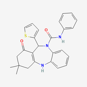 molecular formula C26H25N3O2S B11237662 3,3-dimethyl-1-oxo-N-phenyl-11-(thiophen-2-yl)-1,2,3,4,5,11-hexahydro-10H-dibenzo[b,e][1,4]diazepine-10-carboxamide 