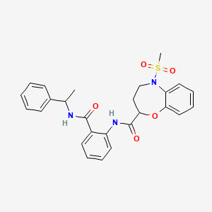 molecular formula C26H27N3O5S B11237973 5-(methylsulfonyl)-N-{2-[(1-phenylethyl)carbamoyl]phenyl}-2,3,4,5-tetrahydro-1,5-benzoxazepine-2-carboxamide 