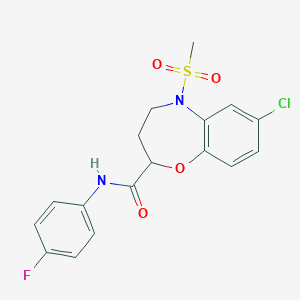 molecular formula C17H16ClFN2O4S B11237987 7-chloro-N-(4-fluorophenyl)-5-(methylsulfonyl)-2,3,4,5-tetrahydro-1,5-benzoxazepine-2-carboxamide 