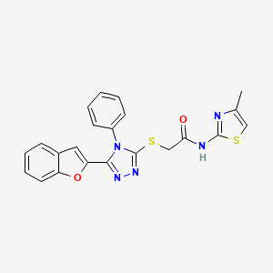 molecular formula C22H17N5O2S2 B11238030 2-{[5-(1-benzofuran-2-yl)-4-phenyl-4H-1,2,4-triazol-3-yl]sulfanyl}-N-(4-methyl-1,3-thiazol-2-yl)acetamide 