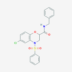 molecular formula C22H19ClN2O4S B11238112 N-benzyl-6-chloro-4-(phenylsulfonyl)-3,4-dihydro-2H-1,4-benzoxazine-2-carboxamide 