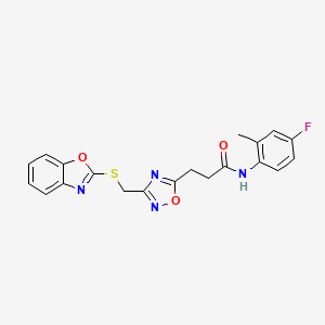 molecular formula C20H17FN4O3S B11238448 3-{3-[(1,3-benzoxazol-2-ylsulfanyl)methyl]-1,2,4-oxadiazol-5-yl}-N-(4-fluoro-2-methylphenyl)propanamide 