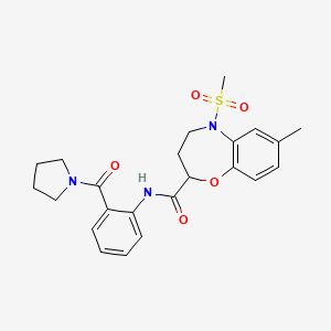 molecular formula C23H27N3O5S B11238516 7-methyl-5-(methylsulfonyl)-N-[2-(pyrrolidin-1-ylcarbonyl)phenyl]-2,3,4,5-tetrahydro-1,5-benzoxazepine-2-carboxamide 