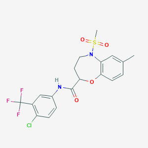 molecular formula C19H18ClF3N2O4S B11239295 N-[4-chloro-3-(trifluoromethyl)phenyl]-7-methyl-5-(methylsulfonyl)-2,3,4,5-tetrahydro-1,5-benzoxazepine-2-carboxamide 