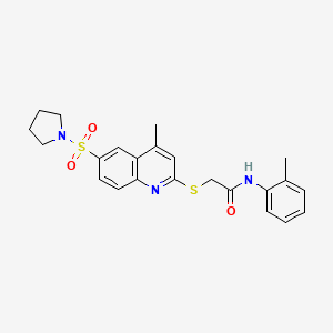 molecular formula C23H25N3O3S2 B11240280 2-{[4-Methyl-6-(pyrrolidine-1-sulfonyl)quinolin-2-YL]sulfanyl}-N-(2-methylphenyl)acetamide 