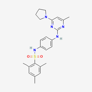 molecular formula C24H29N5O2S B11241675 2,4,6-trimethyl-N-(4-((4-methyl-6-(pyrrolidin-1-yl)pyrimidin-2-yl)amino)phenyl)benzenesulfonamide 