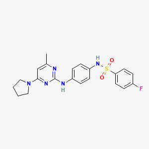 molecular formula C21H22FN5O2S B11241981 4-fluoro-N-(4-((4-methyl-6-(pyrrolidin-1-yl)pyrimidin-2-yl)amino)phenyl)benzenesulfonamide 