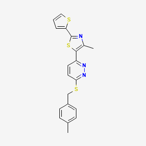 molecular formula C20H17N3S3 B11242137 4-Methyl-5-(6-((4-methylbenzyl)thio)pyridazin-3-yl)-2-(thiophen-2-yl)thiazole 