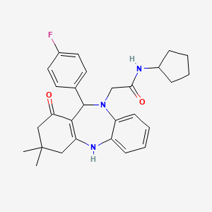 molecular formula C28H32FN3O2 B11242444 N-cyclopentyl-2-[11-(4-fluorophenyl)-1-hydroxy-3,3-dimethyl-2,3,4,11-tetrahydro-10H-dibenzo[b,e][1,4]diazepin-10-yl]acetamide 