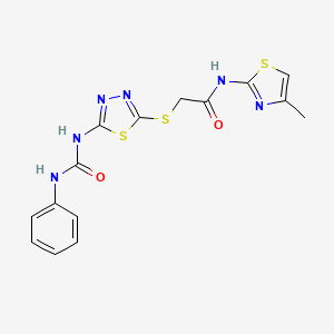 molecular formula C15H14N6O2S3 B11243071 N-(4-methylthiazol-2-yl)-2-((5-(3-phenylureido)-1,3,4-thiadiazol-2-yl)thio)acetamide 