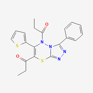 molecular formula C20H18N4O2S2 B11243460 1-[3-Phenyl-7-propanoyl-6-(thiophen-2-YL)-5H-[1,2,4]triazolo[3,4-B][1,3,4]thiadiazin-5-YL]propan-1-one 