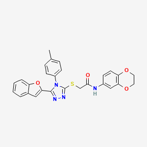 molecular formula C27H22N4O4S B11243554 2-{[5-(1-benzofuran-2-yl)-4-(4-methylphenyl)-4H-1,2,4-triazol-3-yl]sulfanyl}-N-(2,3-dihydro-1,4-benzodioxin-6-yl)acetamide 