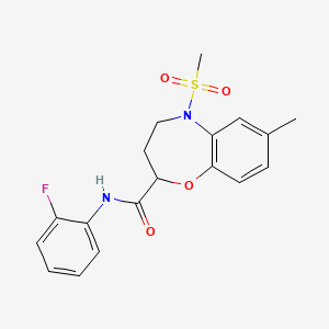 molecular formula C18H19FN2O4S B11243720 N-(2-fluorophenyl)-7-methyl-5-(methylsulfonyl)-2,3,4,5-tetrahydro-1,5-benzoxazepine-2-carboxamide 