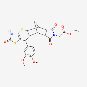 ethyl 2-[9-(3,4-dimethoxyphenyl)-6,13,15-trioxo-3,7-dithia-5,14-diazapentacyclo[9.5.1.02,10.04,8.012,16]heptadec-4(8)-en-14-yl]acetate