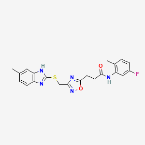 molecular formula C21H20FN5O2S B11244984 N-(5-fluoro-2-methylphenyl)-3-(3-{[(5-methyl-1H-benzimidazol-2-yl)sulfanyl]methyl}-1,2,4-oxadiazol-5-yl)propanamide 