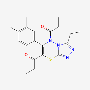 molecular formula C20H24N4O2S B11245079 1-[6-(3,4-Dimethylphenyl)-3-ethyl-7-propanoyl-5H-[1,2,4]triazolo[3,4-B][1,3,4]thiadiazin-5-YL]propan-1-one 