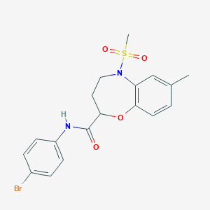 molecular formula C18H19BrN2O4S B11245656 N-(4-bromophenyl)-7-methyl-5-(methylsulfonyl)-2,3,4,5-tetrahydro-1,5-benzoxazepine-2-carboxamide 