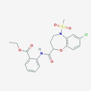 molecular formula C20H21ClN2O6S B11245694 Ethyl 2-({[7-chloro-5-(methylsulfonyl)-2,3,4,5-tetrahydro-1,5-benzoxazepin-2-yl]carbonyl}amino)benzoate 