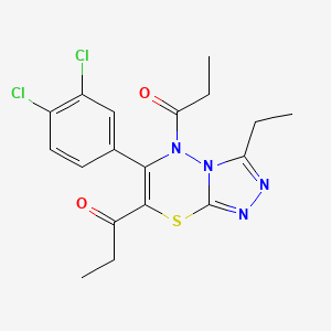 molecular formula C18H18Cl2N4O2S B11245886 1-[6-(3,4-Dichlorophenyl)-3-ethyl-7-propanoyl-5H-[1,2,4]triazolo[3,4-B][1,3,4]thiadiazin-5-YL]propan-1-one 