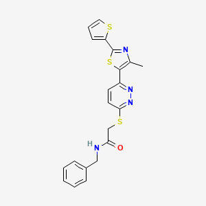 molecular formula C21H18N4OS3 B11246796 N-benzyl-2-((6-(4-methyl-2-(thiophen-2-yl)thiazol-5-yl)pyridazin-3-yl)thio)acetamide 