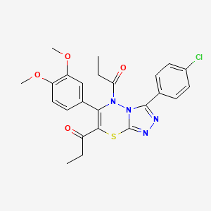 1-[3-(4-Chlorophenyl)-6-(3,4-dimethoxyphenyl)-7-propanoyl-5H-[1,2,4]triazolo[3,4-B][1,3,4]thiadiazin-5-YL]propan-1-one