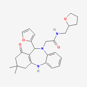 molecular formula C26H31N3O4 B11248341 2-[11-(2-furyl)-1-hydroxy-3,3-dimethyl-2,3,4,11-tetrahydro-10H-dibenzo[b,e][1,4]diazepin-10-yl]-N-(tetrahydrofuran-2-ylmethyl)acetamide 