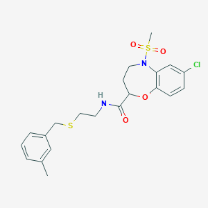 molecular formula C21H25ClN2O4S2 B11248624 7-chloro-N-{2-[(3-methylbenzyl)sulfanyl]ethyl}-5-(methylsulfonyl)-2,3,4,5-tetrahydro-1,5-benzoxazepine-2-carboxamide 