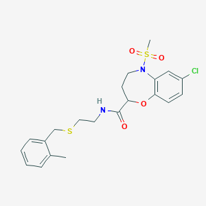 molecular formula C21H25ClN2O4S2 B11248777 7-chloro-N-{2-[(2-methylbenzyl)sulfanyl]ethyl}-5-(methylsulfonyl)-2,3,4,5-tetrahydro-1,5-benzoxazepine-2-carboxamide 