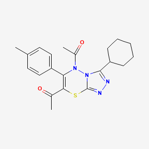 molecular formula C21H24N4O2S B11248968 1,1'-[3-cyclohexyl-6-(4-methylphenyl)-5H-[1,2,4]triazolo[3,4-b][1,3,4]thiadiazine-5,7-diyl]diethanone 