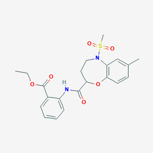 molecular formula C21H24N2O6S B11249864 Ethyl 2-({[7-methyl-5-(methylsulfonyl)-2,3,4,5-tetrahydro-1,5-benzoxazepin-2-yl]carbonyl}amino)benzoate 